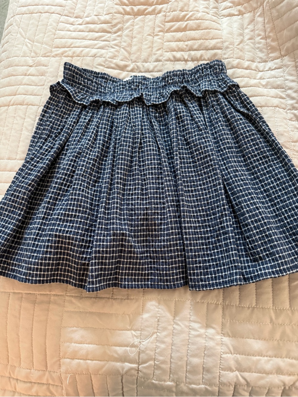 Zara Navy and White Checked Elastic-Waist Skirt